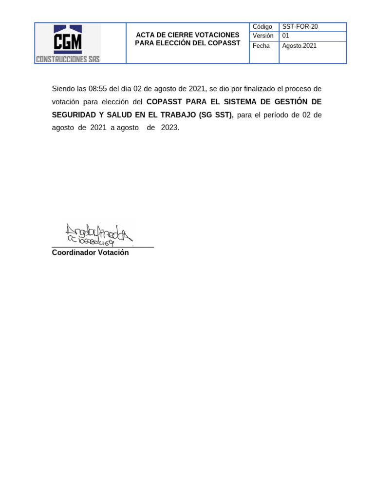 Acta de Cierre Elección COPASST 2021 | PDF