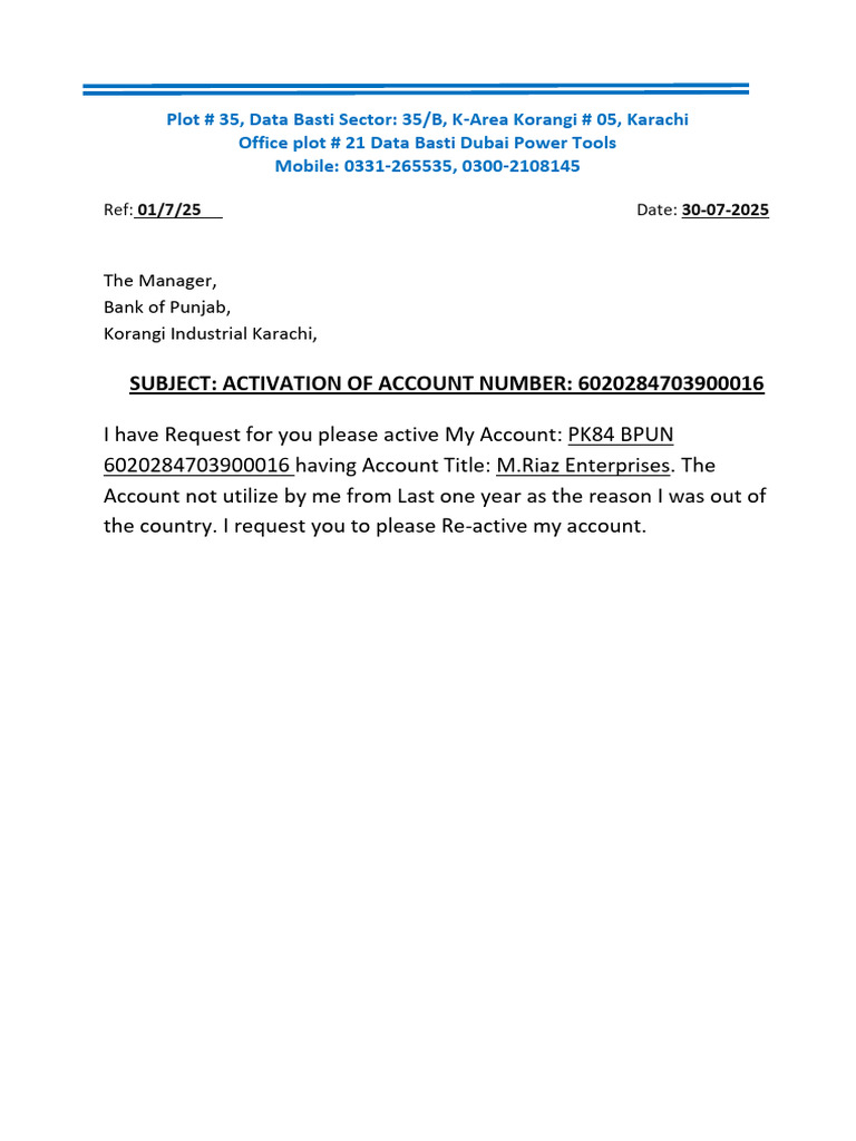 Application For Re-Active Account (Blank) | PDF