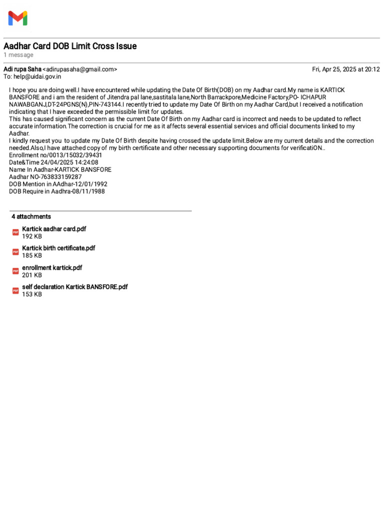 Aadhar DOB Update Limit Request | PDF