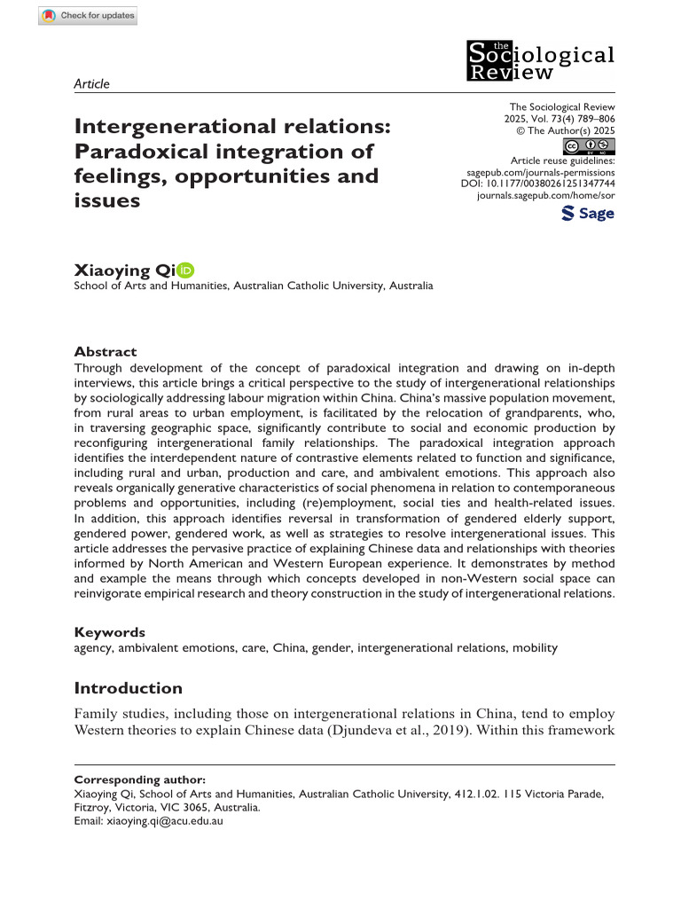 Qi 2025 Intergenerational Relations Paradoxical Integration of Feelings ...