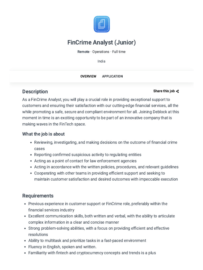 FinCrime Analyst (Junior) - Deblock | PDF | Business