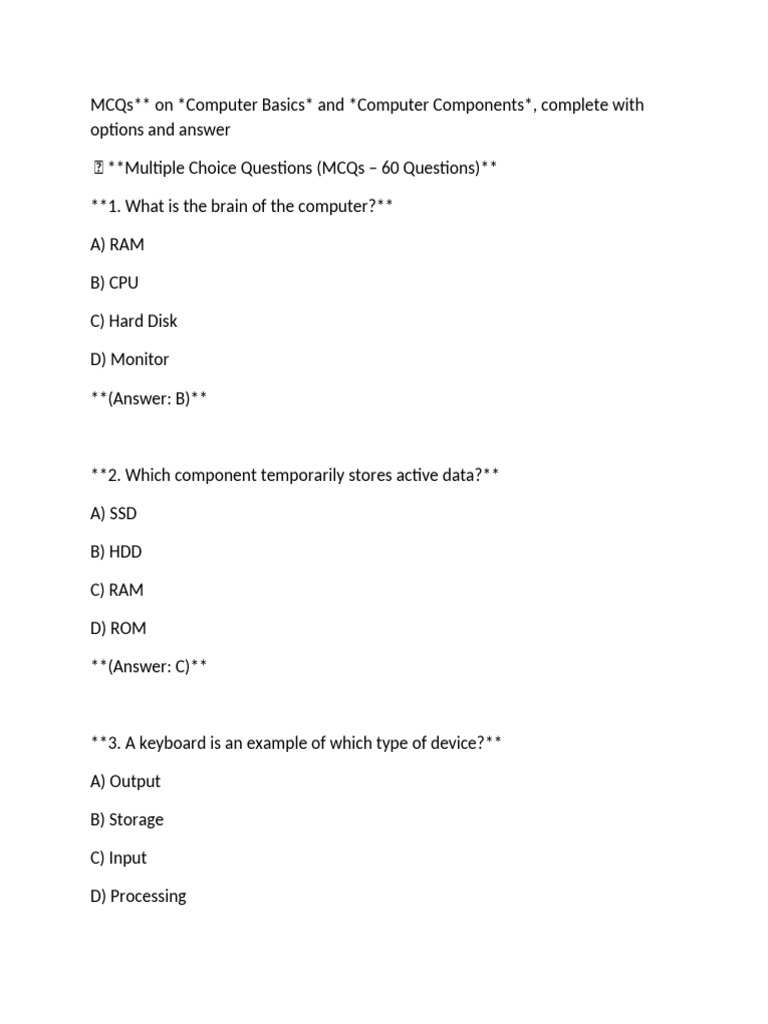Computer Basics MCQs and Definitions | PDF | Computer Data Storage ...