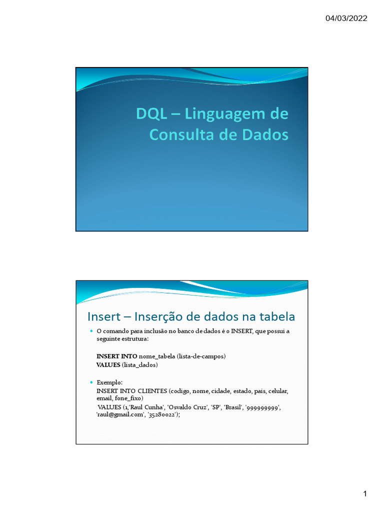 Comandos SQL: Inserção e Consulta de Dados | PDF | Gestão de dados ...