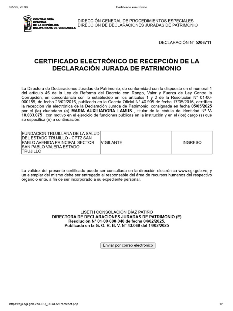 Certificado de Declaración Jurada 2025 | PDF