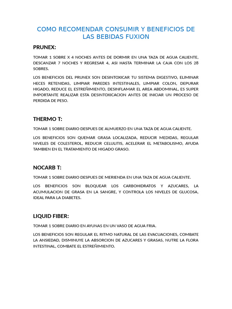 Como Recomendar Consumir y Beneficios de Las Bebidas Fuxion | PDF ...