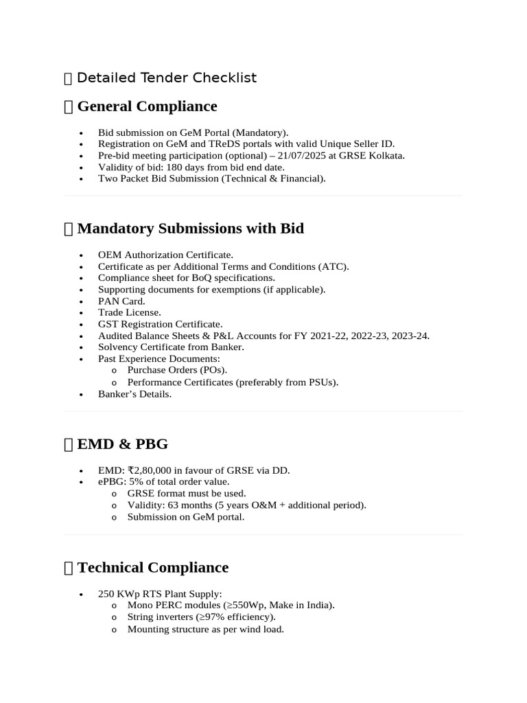 250kWp Solar Plant Tender Checklist | PDF | Photovoltaics ...