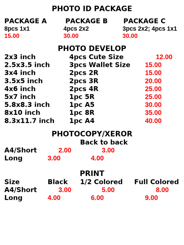 Photo ID Package Price List | PDF