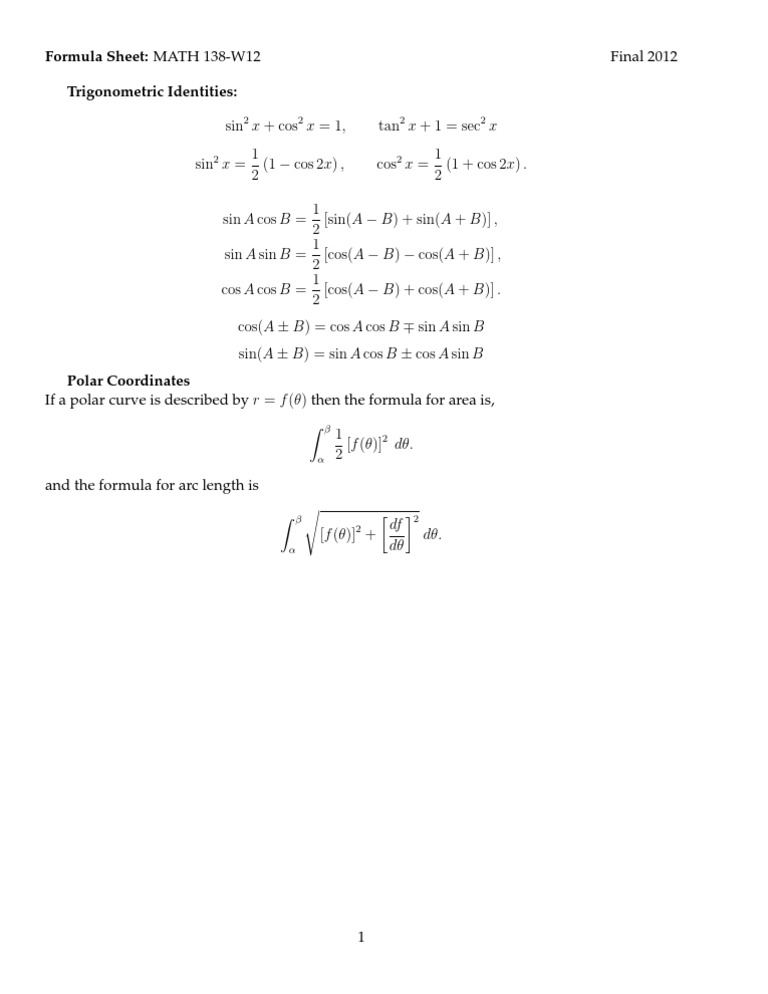 Formla Sheet | PDF