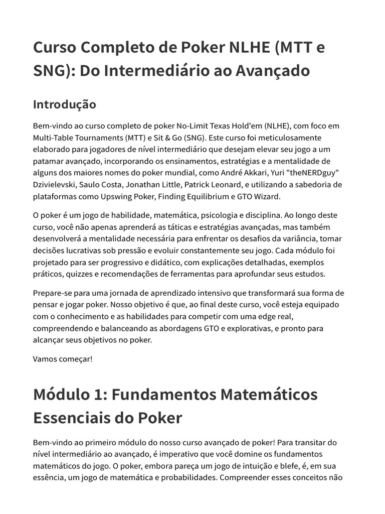 Curso Avançado de Poker NLHE: MTT e SNG | PDF | Pôquer | Matemática