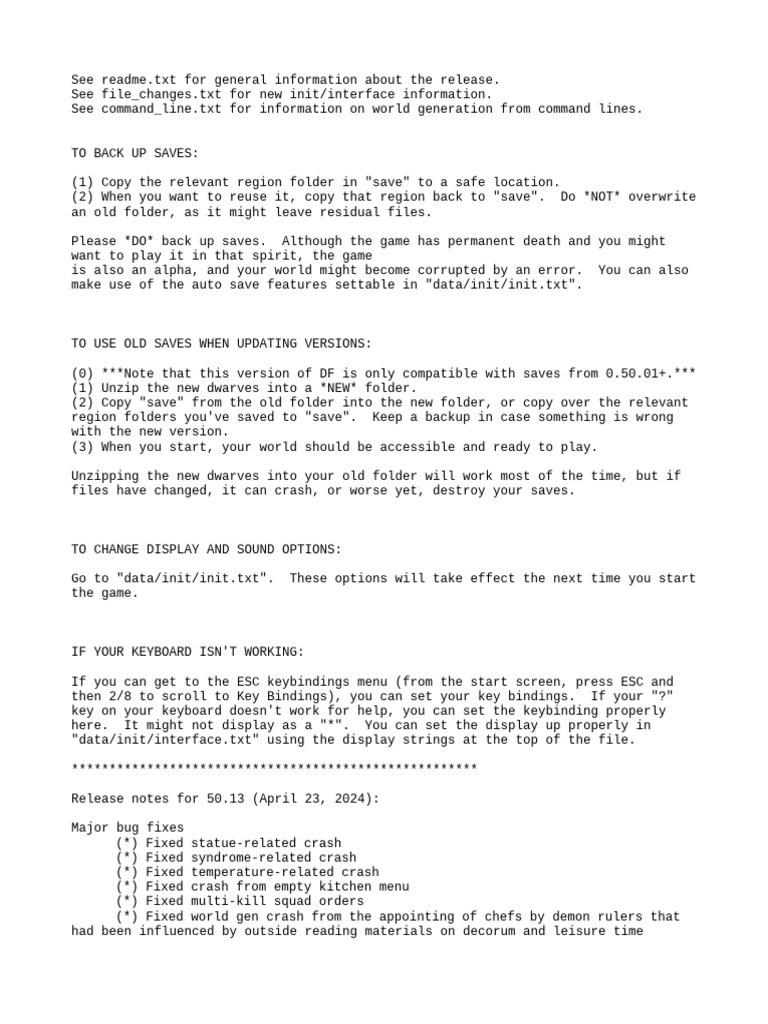 Dwarf Fortress Release Notes 50.13 | PDF | Keyboard Shortcut | Software Bug
