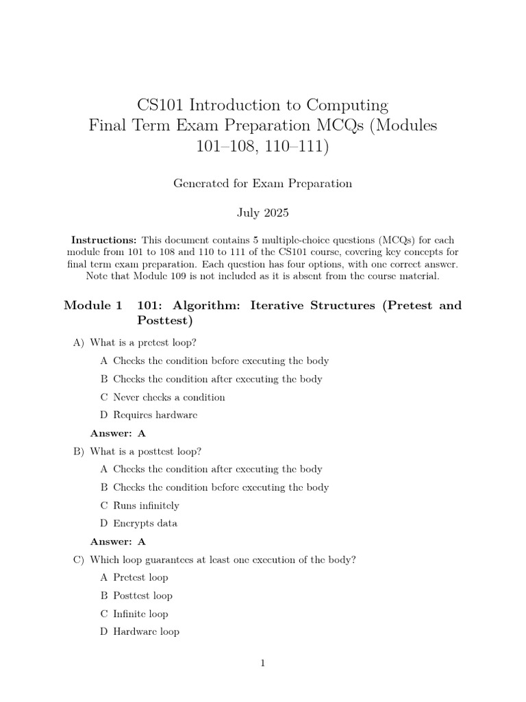 CS101 Final Exam MCQs Preparation Guide | PDF | Time Complexity ...