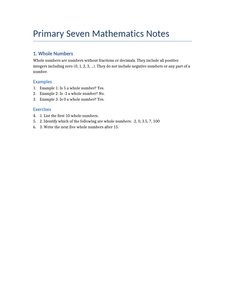 Primary Seven Mathematics Notes With Workings | PDF | Integer | Numbers