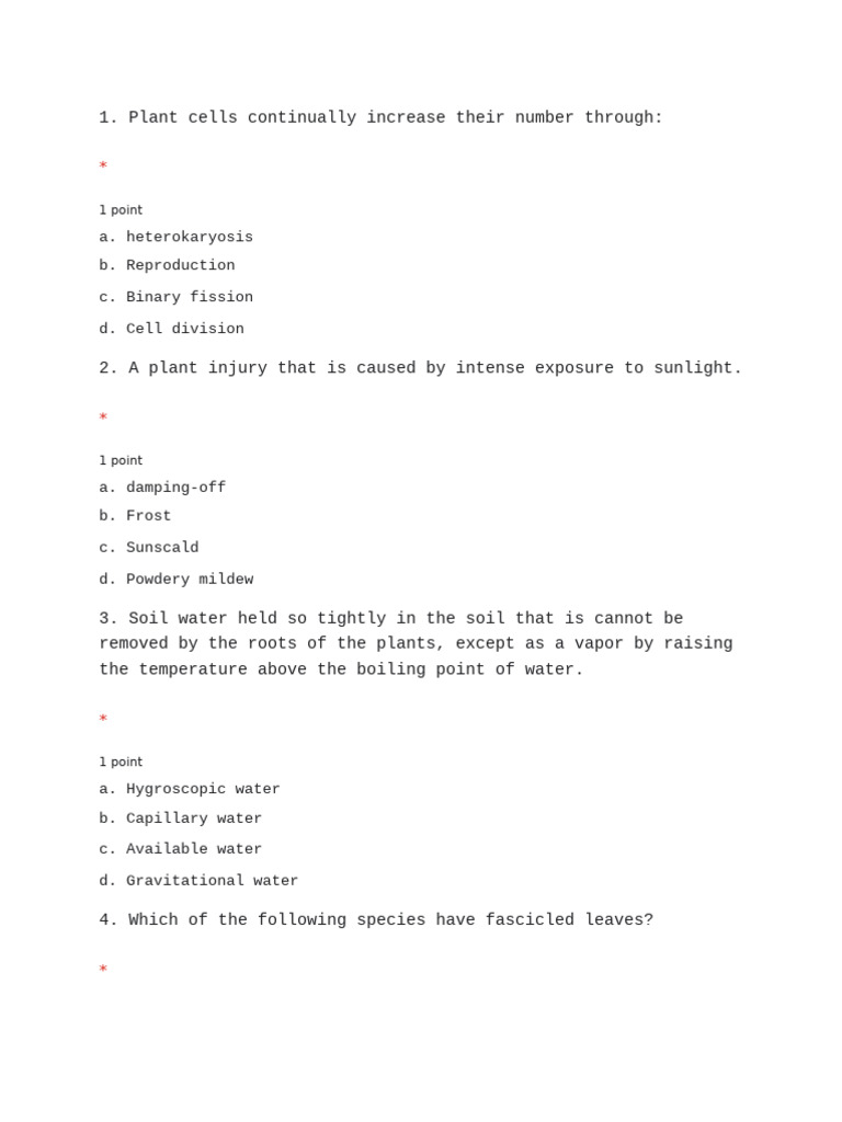 Plant Biology Quiz Questions | PDF | Germination | Plants