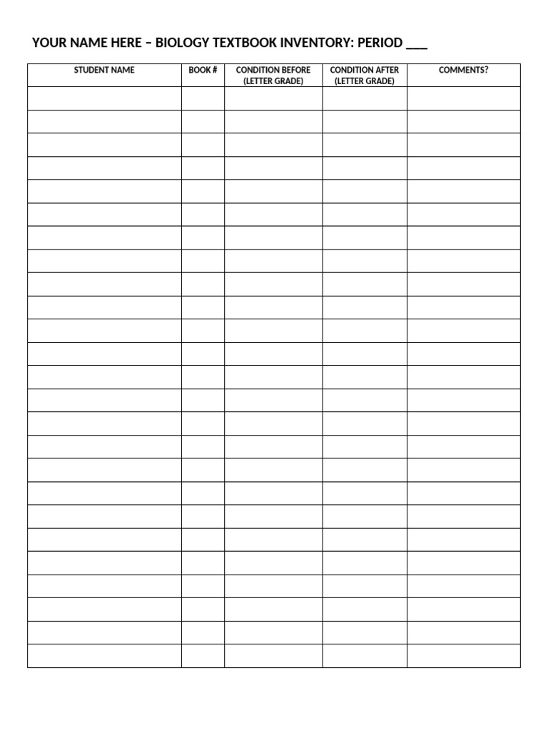 Your Name Here - Biology Textbook Inventory: Period | PDF