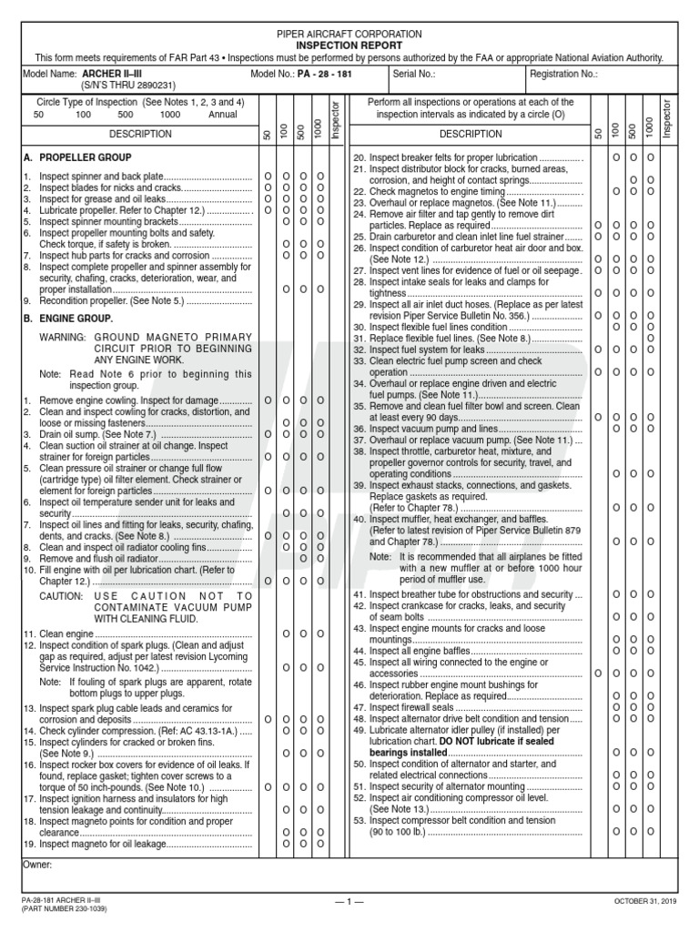 PA-28-181 Archer II–III Inspection Guide | PDF | Valve | Landing Gear