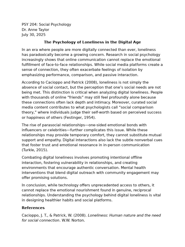 The Psychology of Loneliness in The Digital Age | PDF