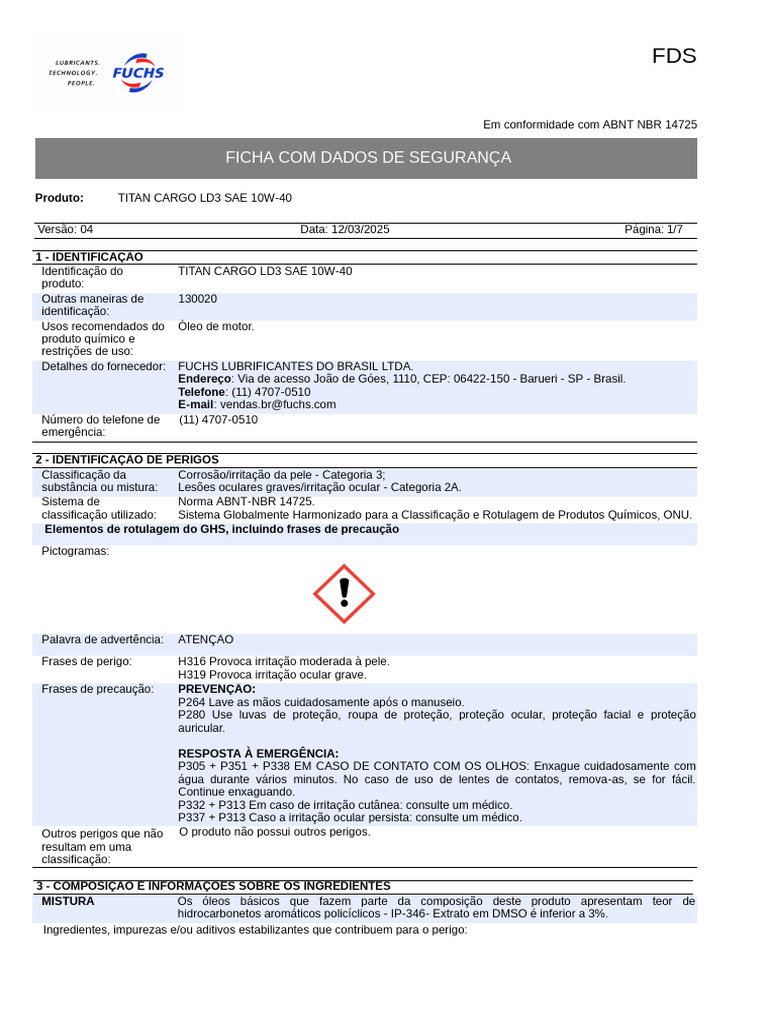 Ficha de Segurança: TITAN CARGO LD3 10W-40 | PDF | Toxicidade | Temperatura
