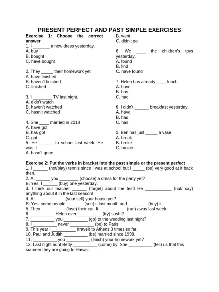 Present Perfect and Past Simple Exercises | PDF