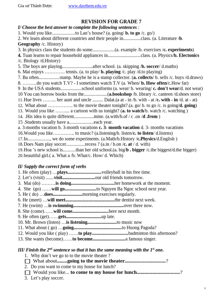 Grade 7 English Revision Exercises | PDF | Vietnam