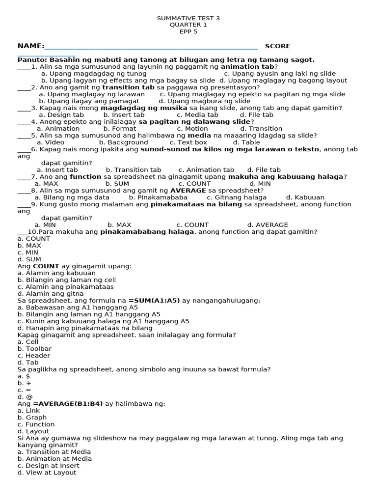 Summative Test 3 Quarter 1 Epp 5 | PDF