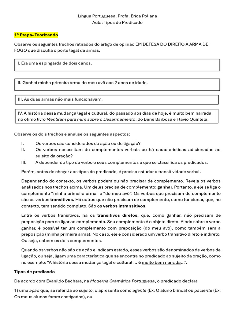 Tipos de Predicado na Língua Portuguesa | PDF | Predicado (gramática ...