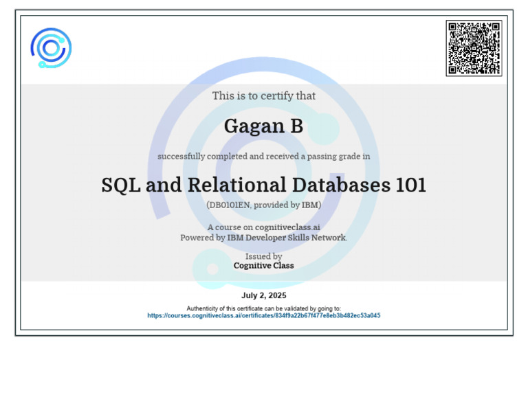 SQL and Relational Databases Certificate | PDF