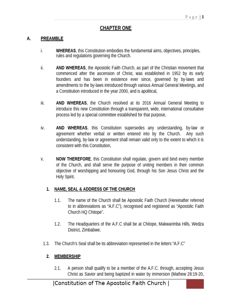 Apostolic Faith Church Constitution | PDF | Bishop | Pastor
