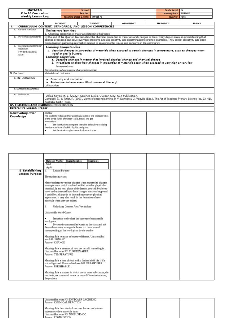 K-10 Science Weekly Lesson Plan | PDF | Evaporation | Freezing