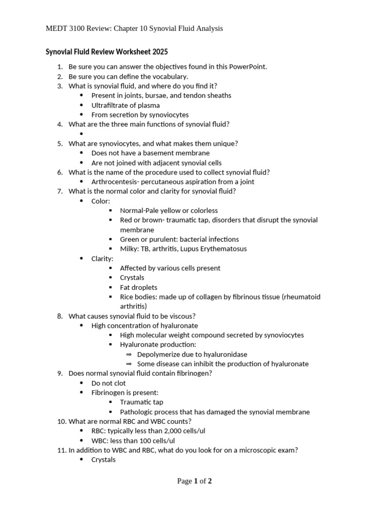 Chapter 11 Synovial Fluid Review Worksheet 2025 | PDF | Medical ...