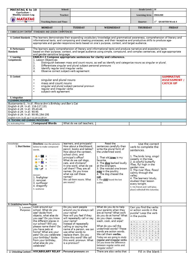 English 4 Weekly Lesson Plan | PDF | Grammatical Number | Plural