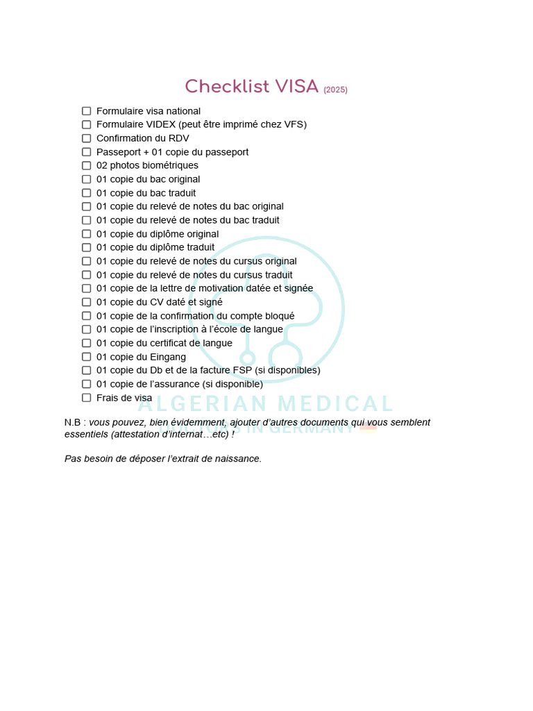 Checklist complète pour visa 2025 | PDF