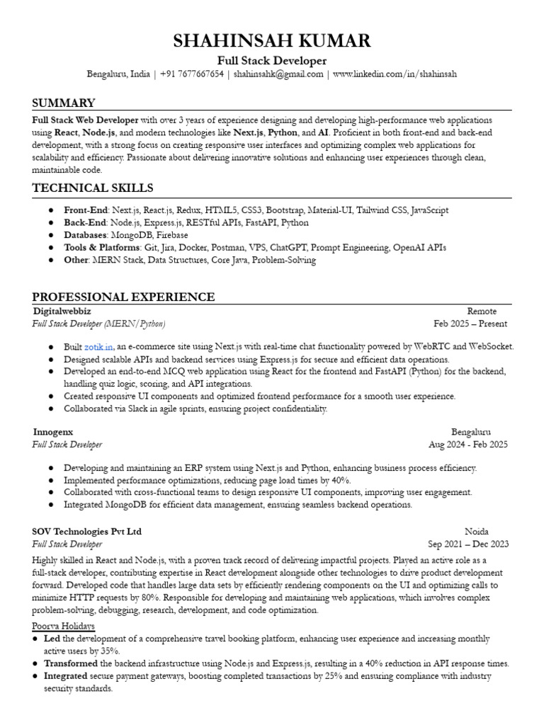 Full Stack Developer Resume - Shahinsah Kumar | PDF | Web Application ...