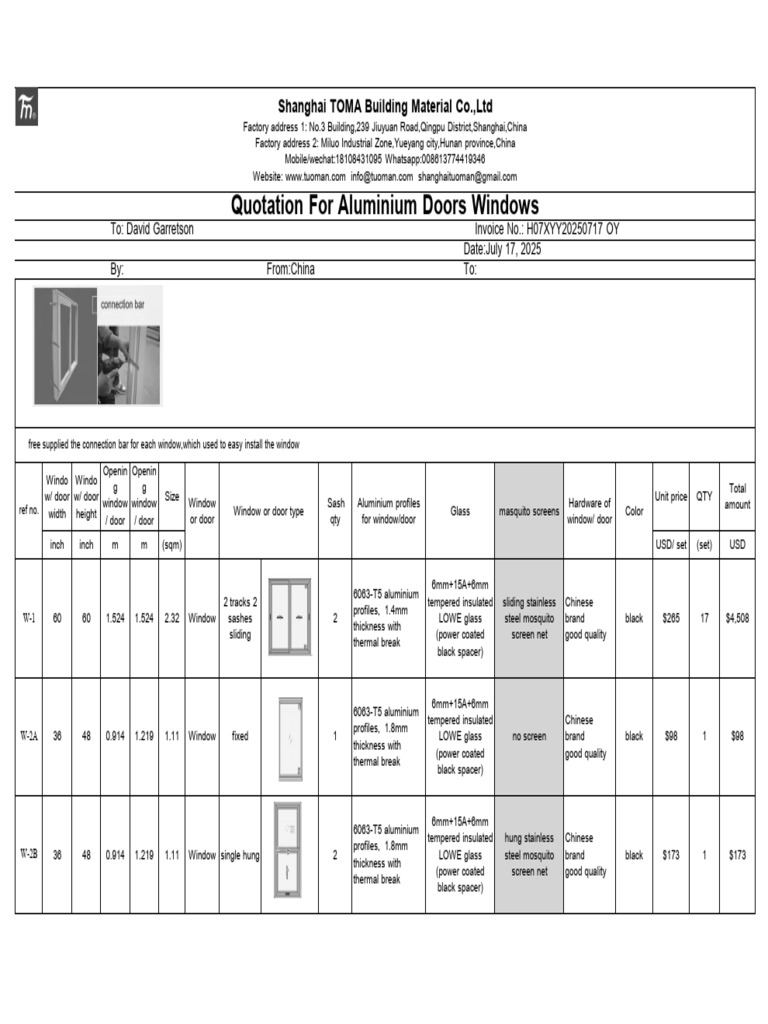 TOMA Quotation For Aluminium Doors Windows (David Garretson Final | PDF