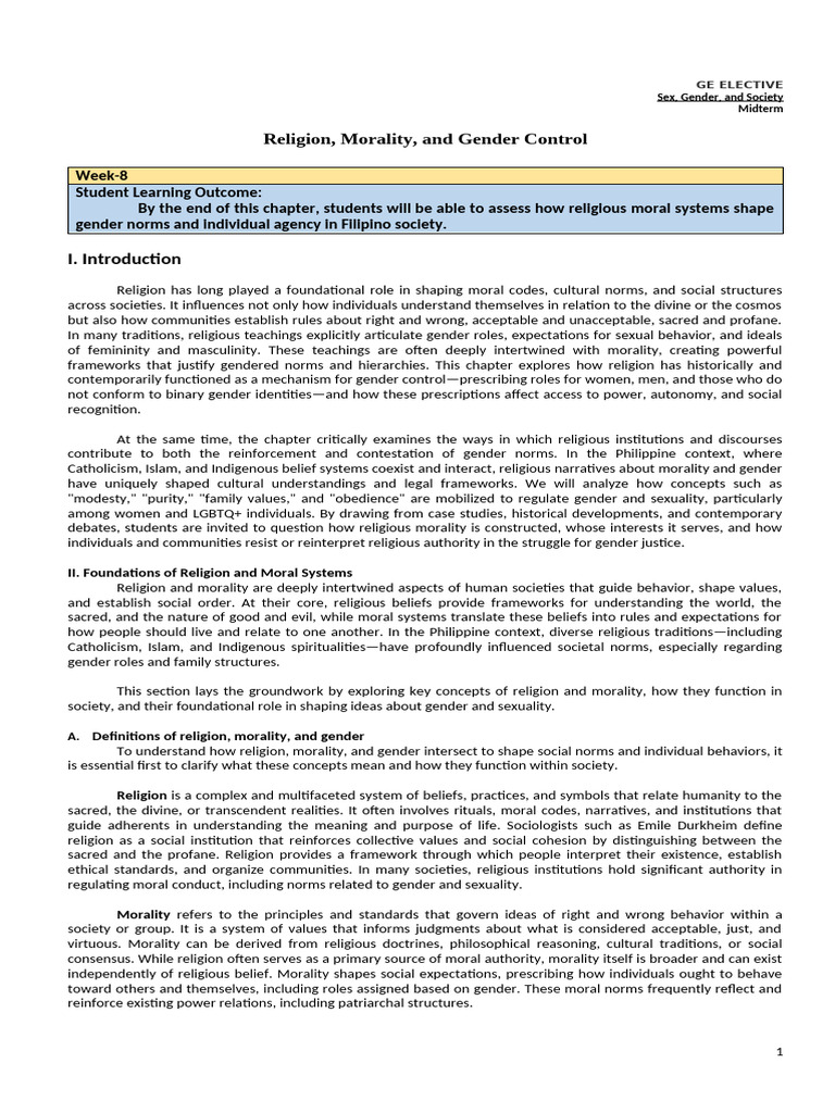 Week 8 Religion Morality and Gender Control | PDF | Gender | Gender Studies