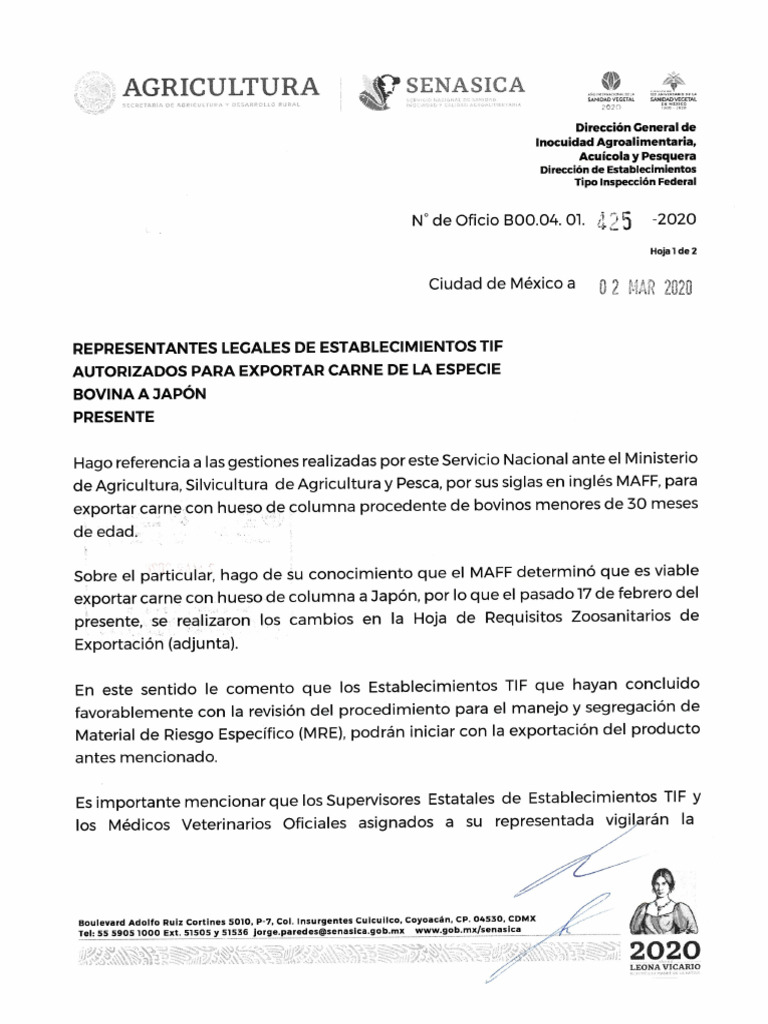 B00.04.01.425-2020 Exportación de Carne Con Hueso de Columna A Japon | PDF