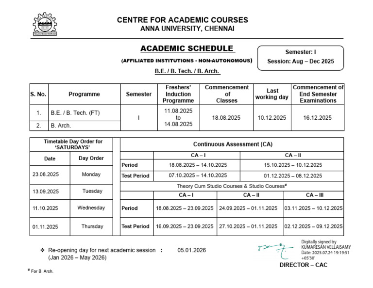 Anna University 1st Semester Schedule 2025 | PDF | Academic Term ...