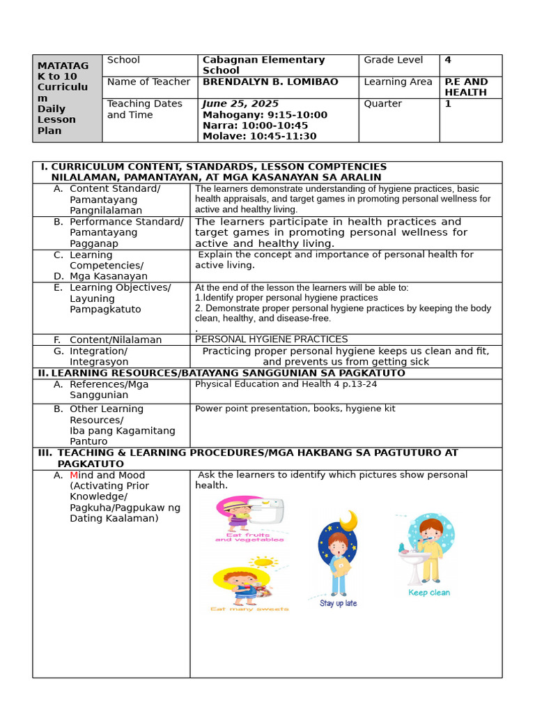 Personal Hygiene Lesson Plan for Grade 4 | PDF | Curriculum | Pedagogy