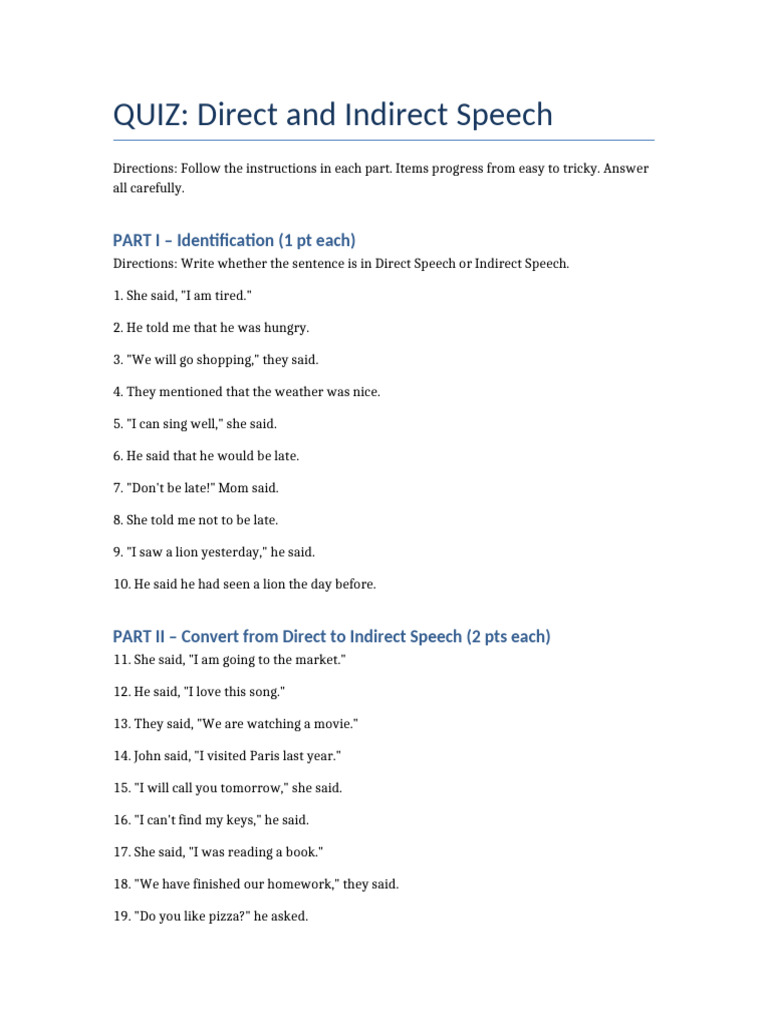 Direct and Indirect Speech Quiz | PDF | Chess Openings | Chess Theory