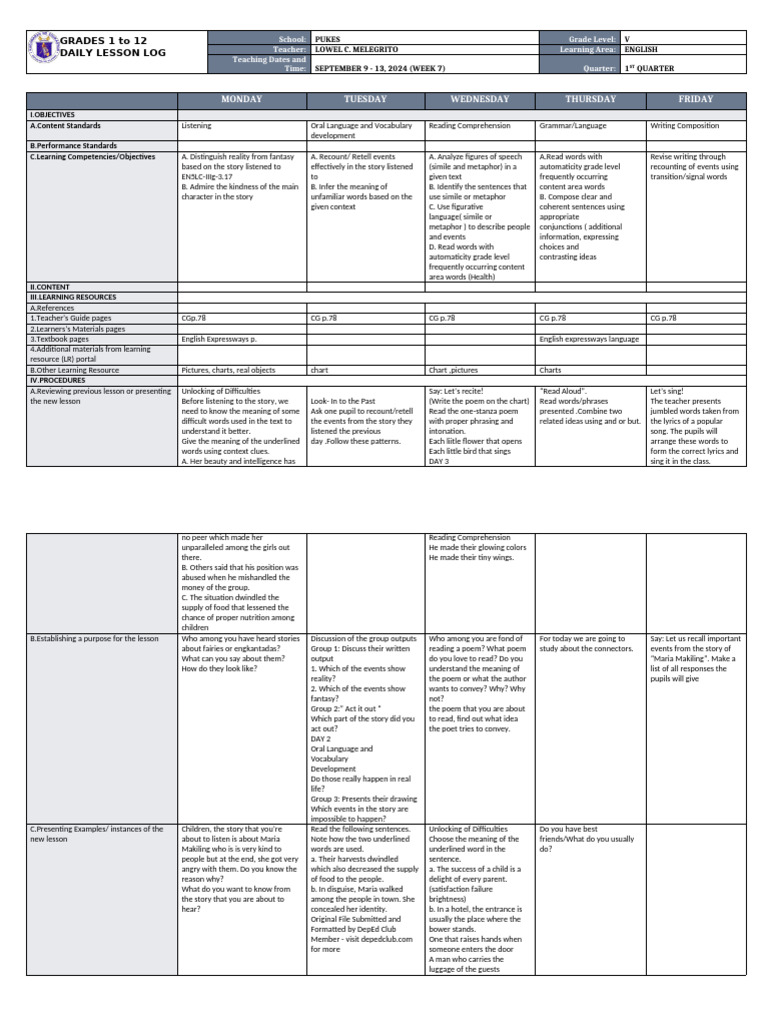 Grade 5 English Daily Lesson Plan | PDF | Metaphor | Reading Comprehension