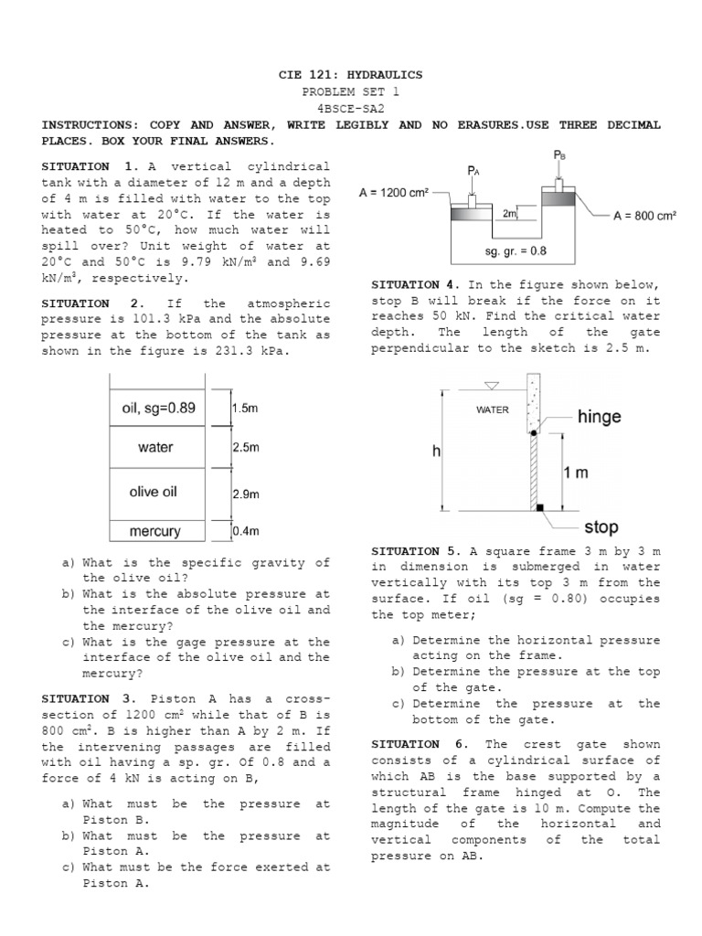 Hydraulics Problem Set for CIE 121 | PDF | Pressure | Force
