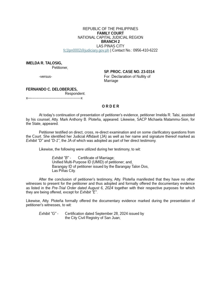 March 3 Order RTC Las Pinas Imelda Talosig Vs Fernando Deloberjes | PDF ...