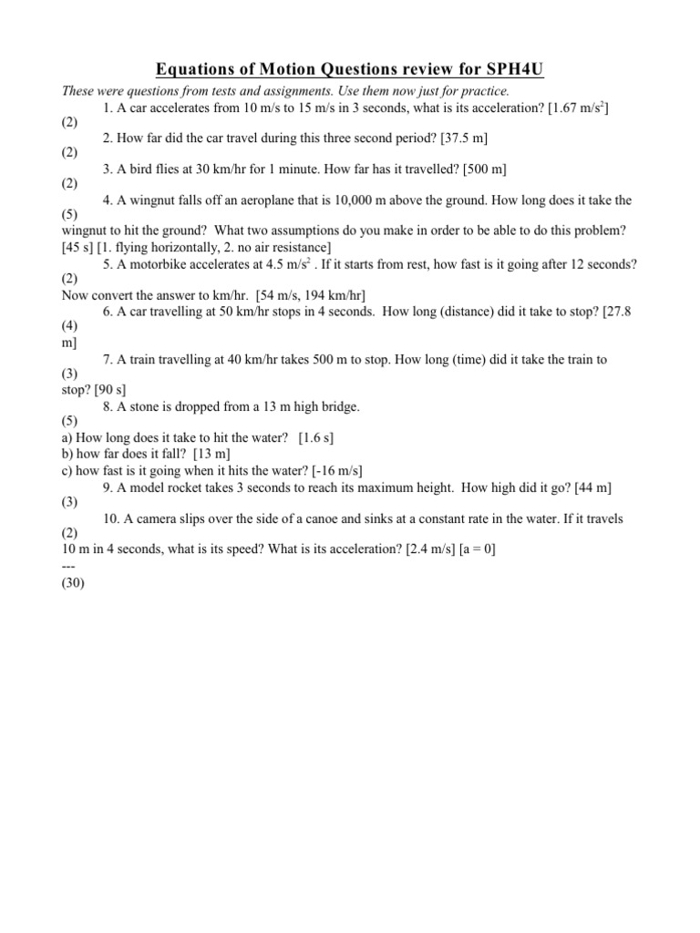 Equations of Motion Questions Review For SPH4U | PDF
