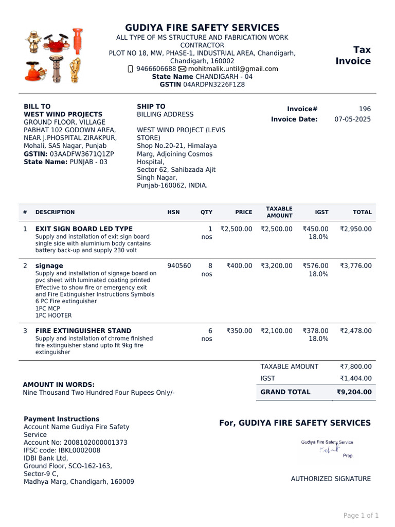 Gudiya Fire Safety Invoice Details | PDF | Economy Of India | Taxes
