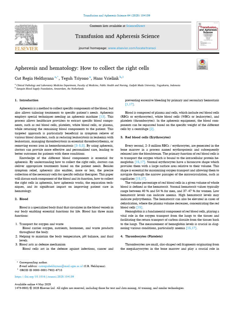 Apheresis Techniques for Cell Collection | PDF | White Blood Cell ...