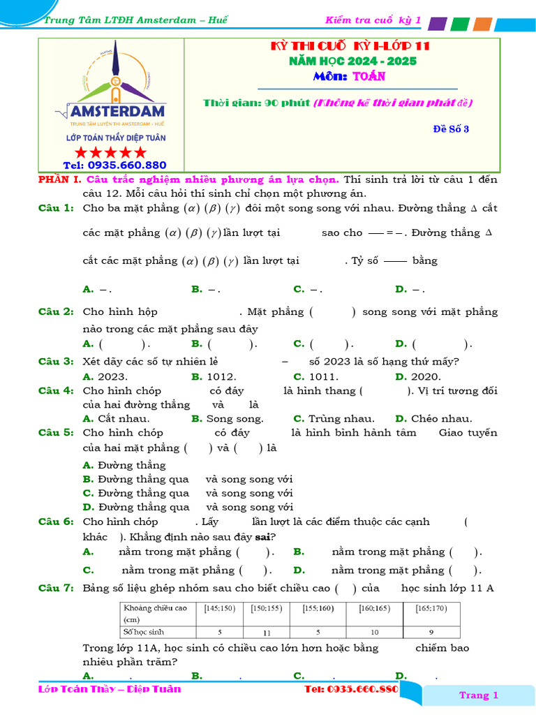De So 3. Kiem Tra Cuoi Ky 1 - Toan 11.2024 2025 | PDF