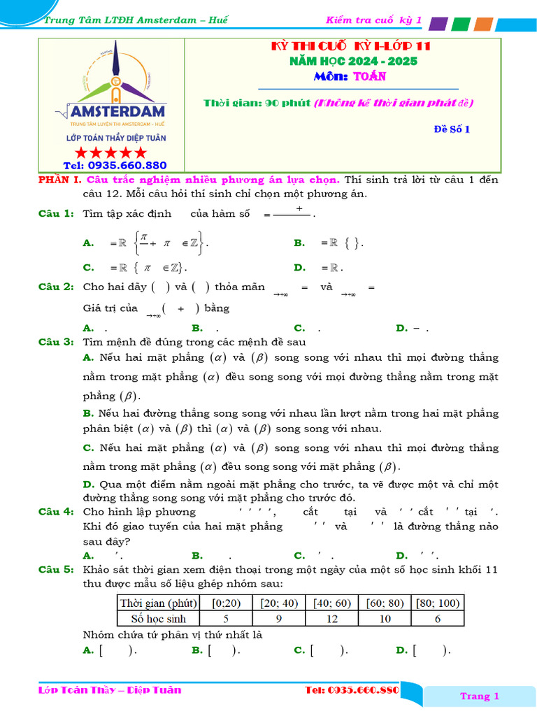 De So 1. Kiem Tra Cuoi Ky 1 - Toan 11.2024 2025 | PDF