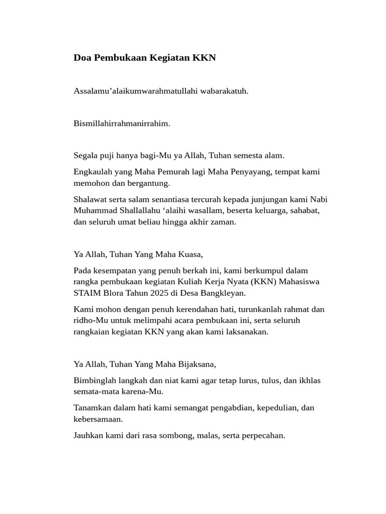 Doa Pembukaan Kegiatan KKN 2025 | PDF