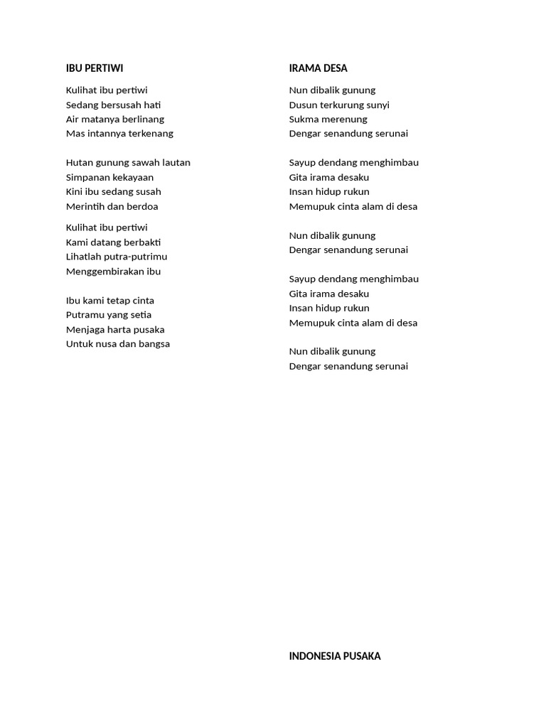 Lirik Lagu Ibu Pertiwi dan Desa | PDF