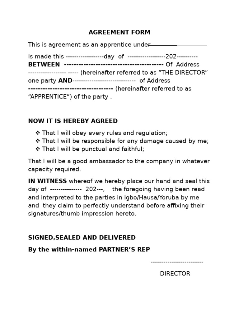 Apprentice Agreement Form Template | PDF