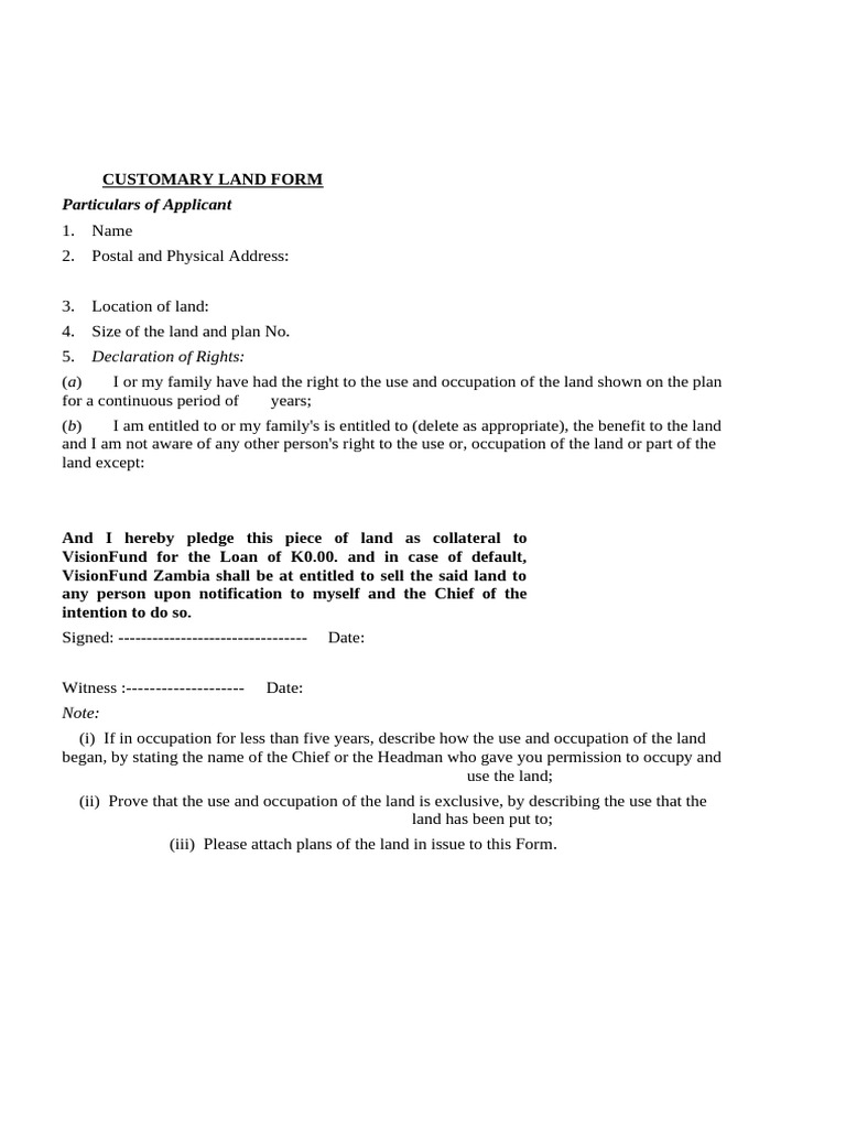 Customary Land Registration Form | PDF | Loans | Financial Services